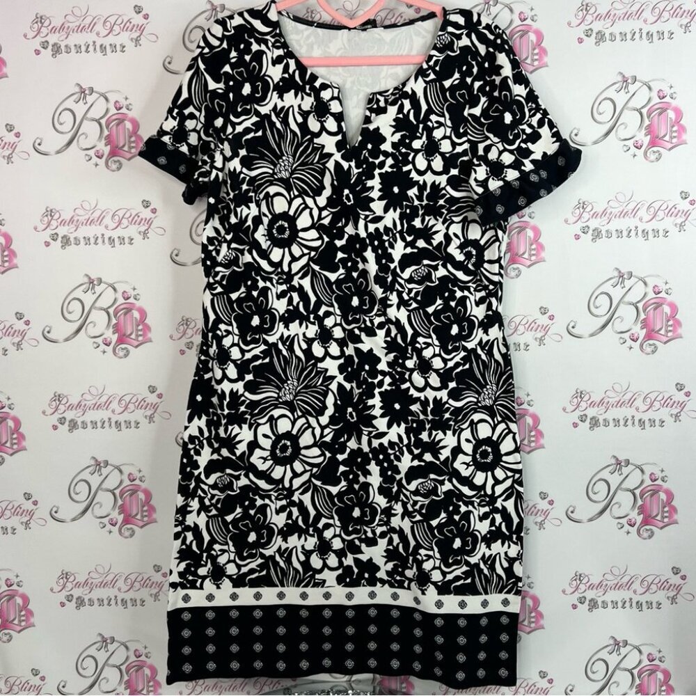 Talbots dress floral flowers color block Vneck Black and White Striped dress